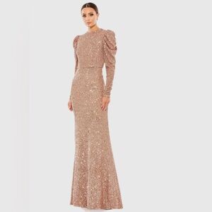 NWT IEENA FOR MAC DUGGAL Sequined High Neck Puff Long Sleeve Column Gown size 6